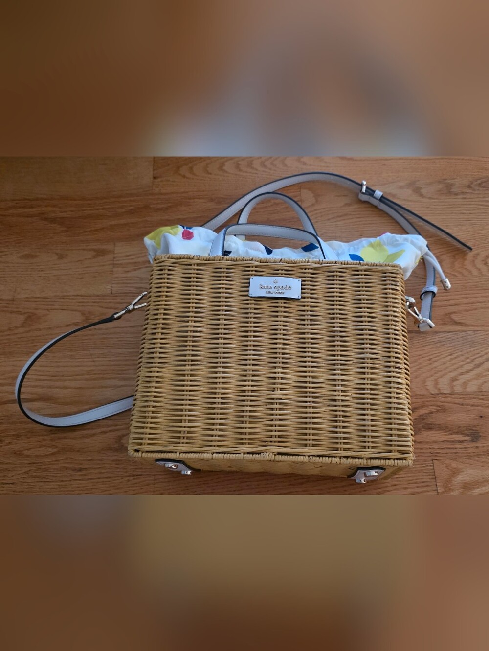 Kate Spade Wicker Tote With Lemon Print Canvas Lining